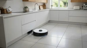 A slim robot vacuum for small flats sweeping crumbs off hard flooring in a city flat kitchen