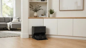 A smart cleaning disc tucked neatly beside a television unit in a modern flat, an essential robot vacuum for small flats.