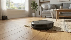 An automated floor cleaner navigating around a living room rug while searching for a robot vacuum mop under 500