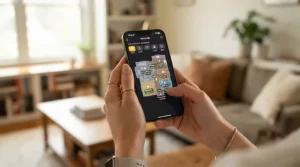 A homeowner using a smartphone app to control their robot vacuum for small flats