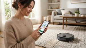 Controlling a smart robot vacuum mop combo via a smartphone application in a hallway