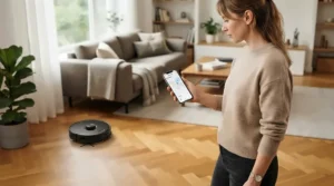 A smart robot vacuum mop under £500 being controlled via a smartphone app