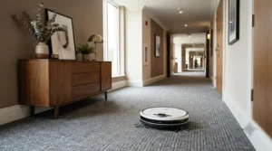 A smart self-emptying robot vacuum mop navigating around hallway furniture in a UK home