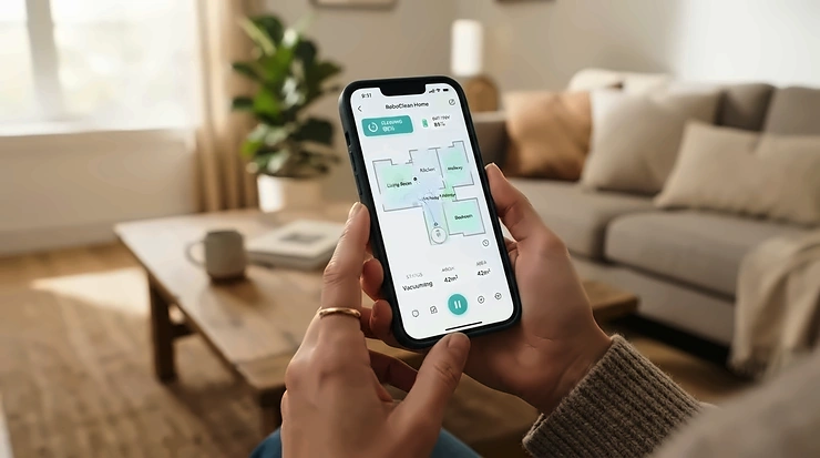A person using a smartphone app to schedule an autonomous floor cleaning session, featured in a home tech robot vacuum vs upright vacuum setup.